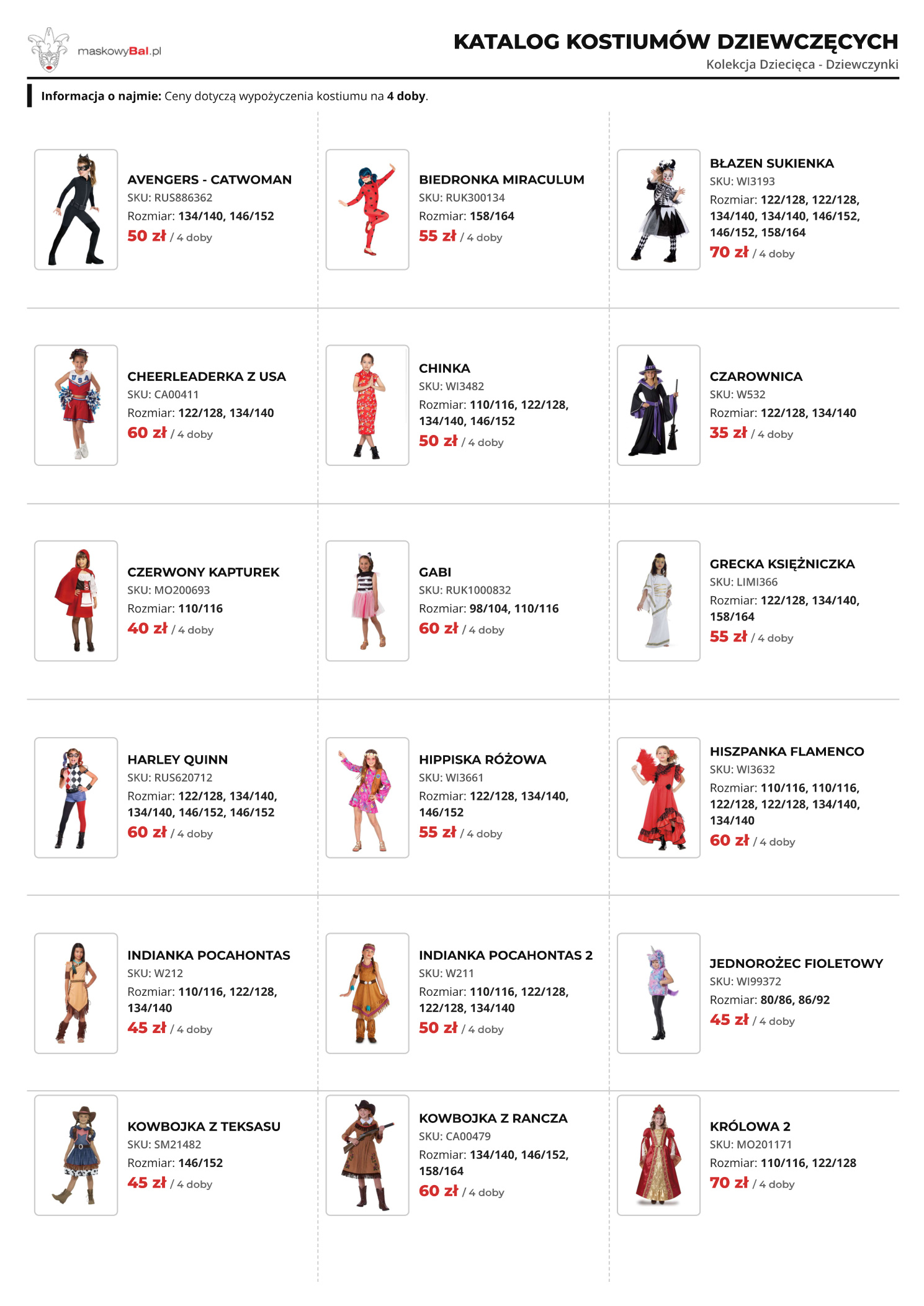 Katalog dziewczynek wypożyczalni strojów Maskowy Bal